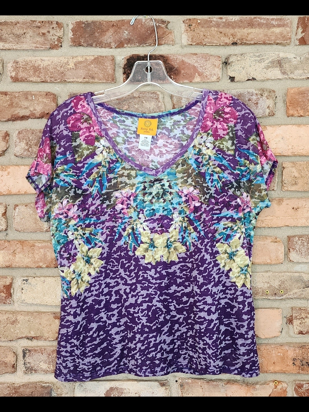 Ruby Rd. Purple Multicolor Floral V-Neck Short Sleeve Burnout Top